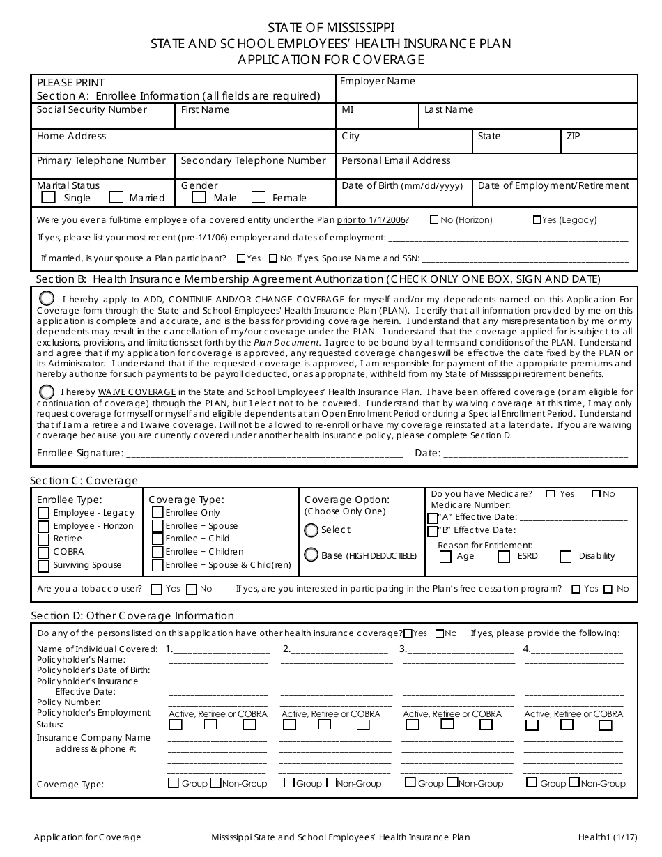 Form Health1 Application for Coverage - State and School Employees Health Insurance Plan - Mississippi, Page 1