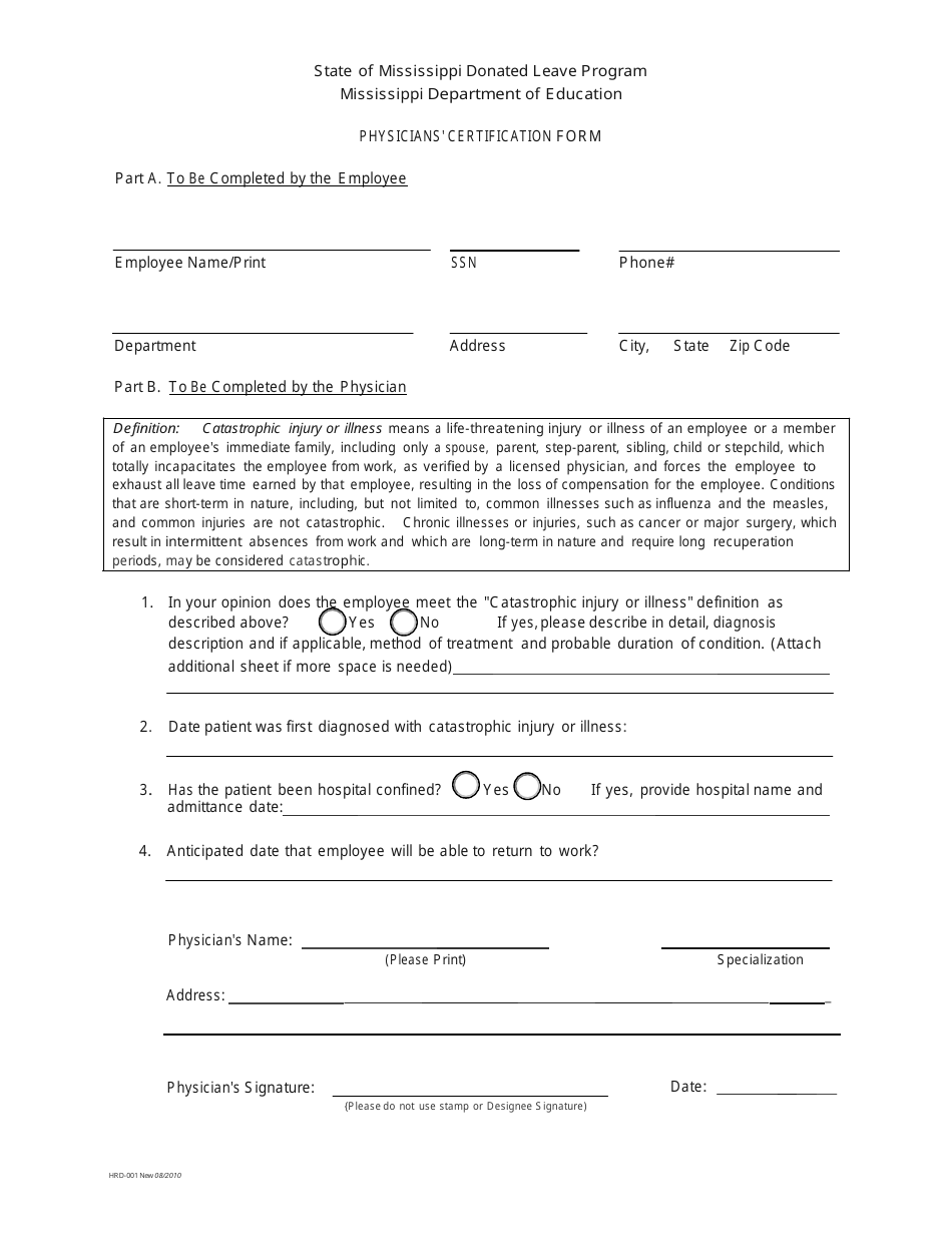 Form HRD-001 Physicians Certification Form - State of Mississippi Donated Leave Program - Mississippi, Page 1
