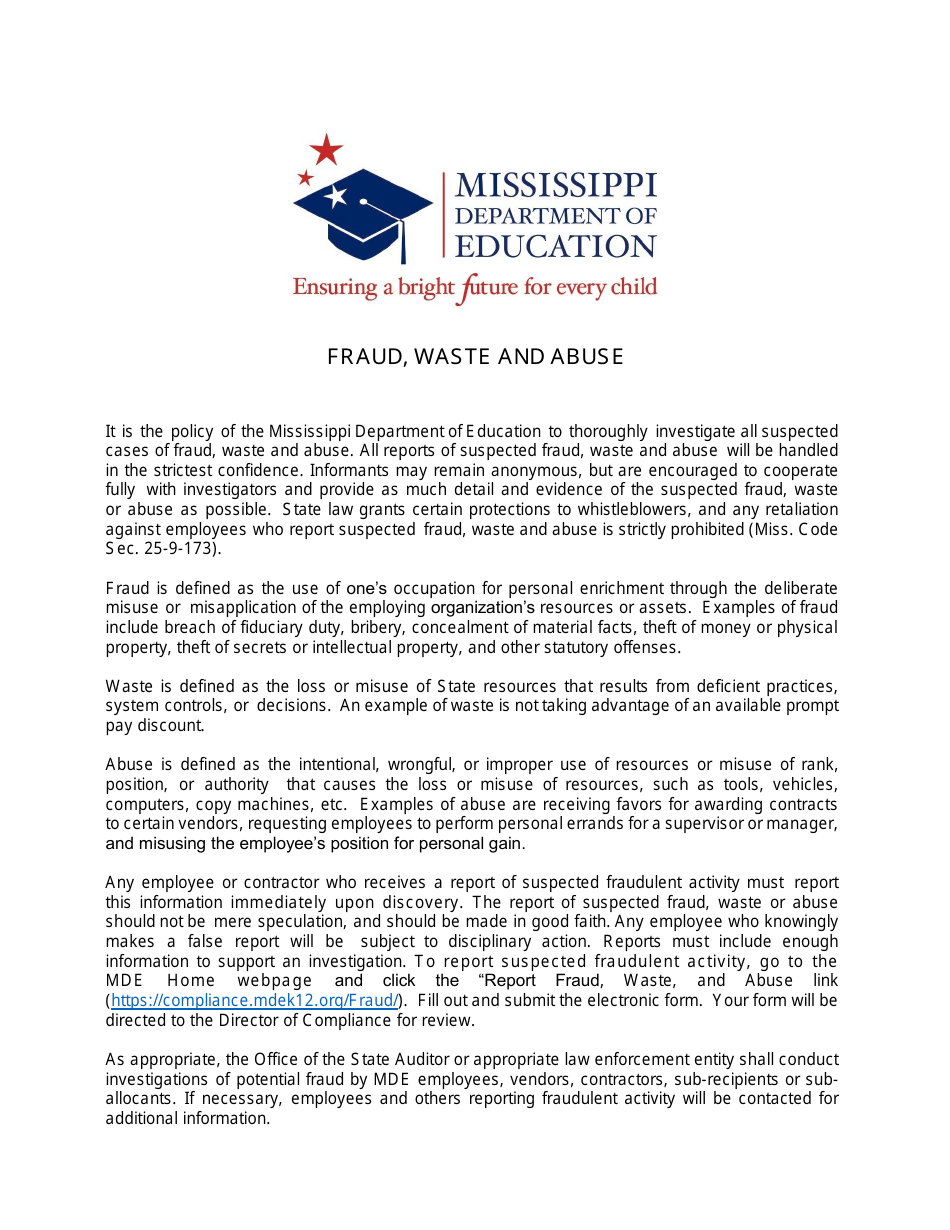 Fraud, Waste and Abuse Policy Acknowledgment Form - Mississippi, Page 1