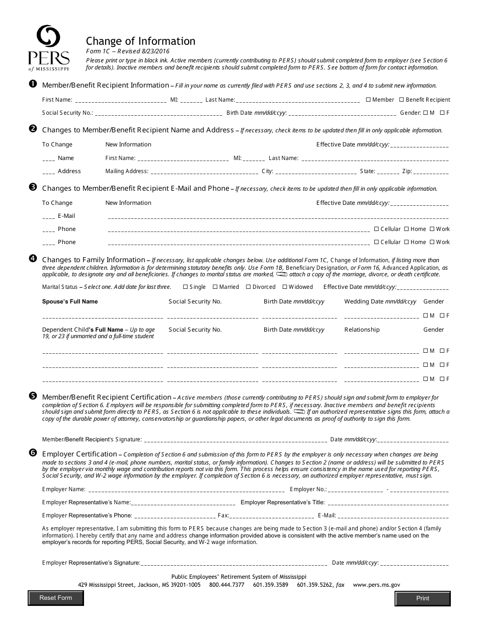 Form 1C Change of Information - Pers - Mississippi, Page 1