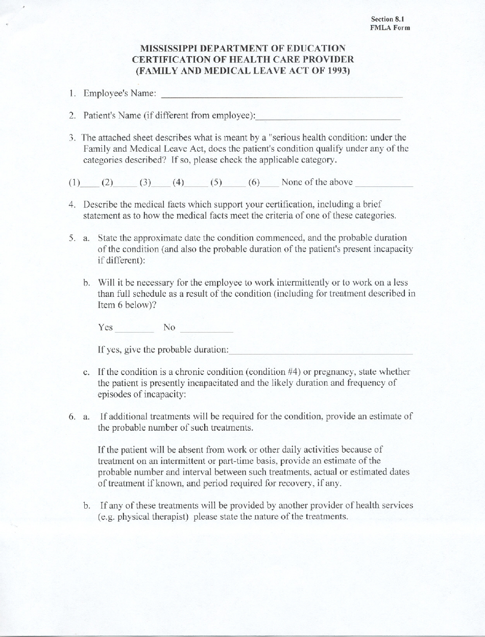 Certification of Health Care Provider - Family and Medical Leave Act of 1993 - Mississippi, Page 1