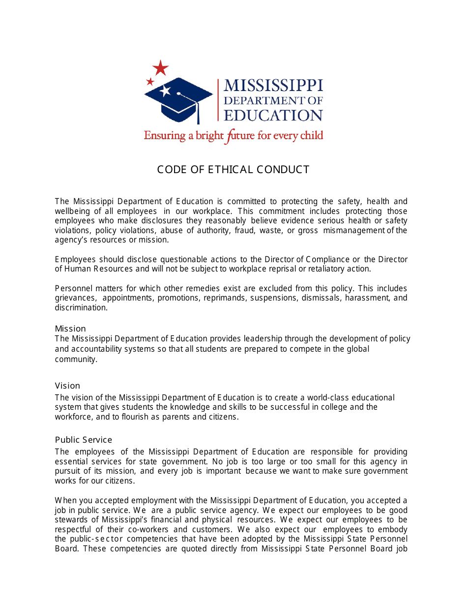 Code of Ethical Conduct Policy Acknowledgment Form - Mississippi, Page 1