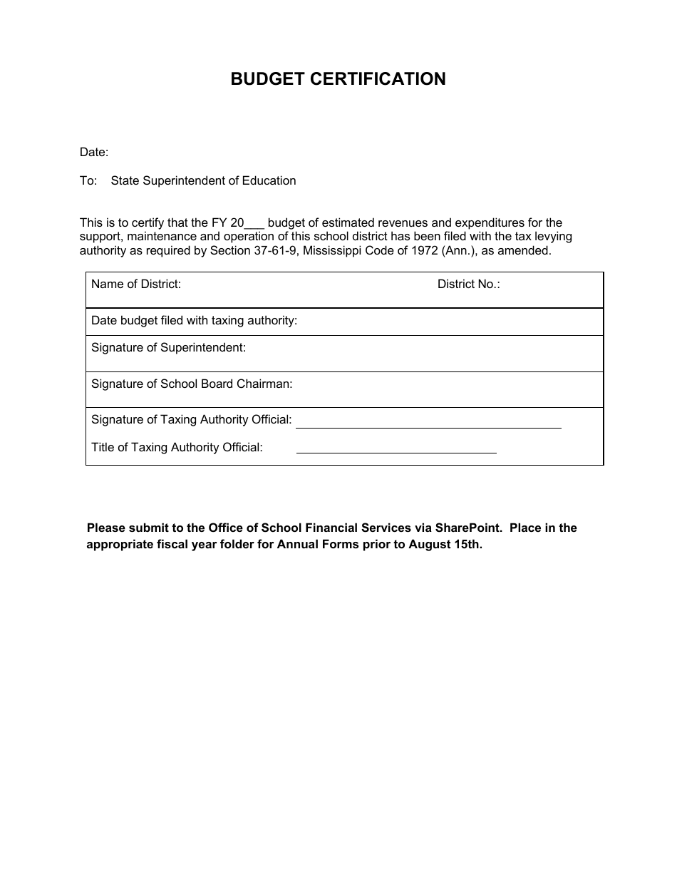 Budget Certification Form - Mississippi, Page 1