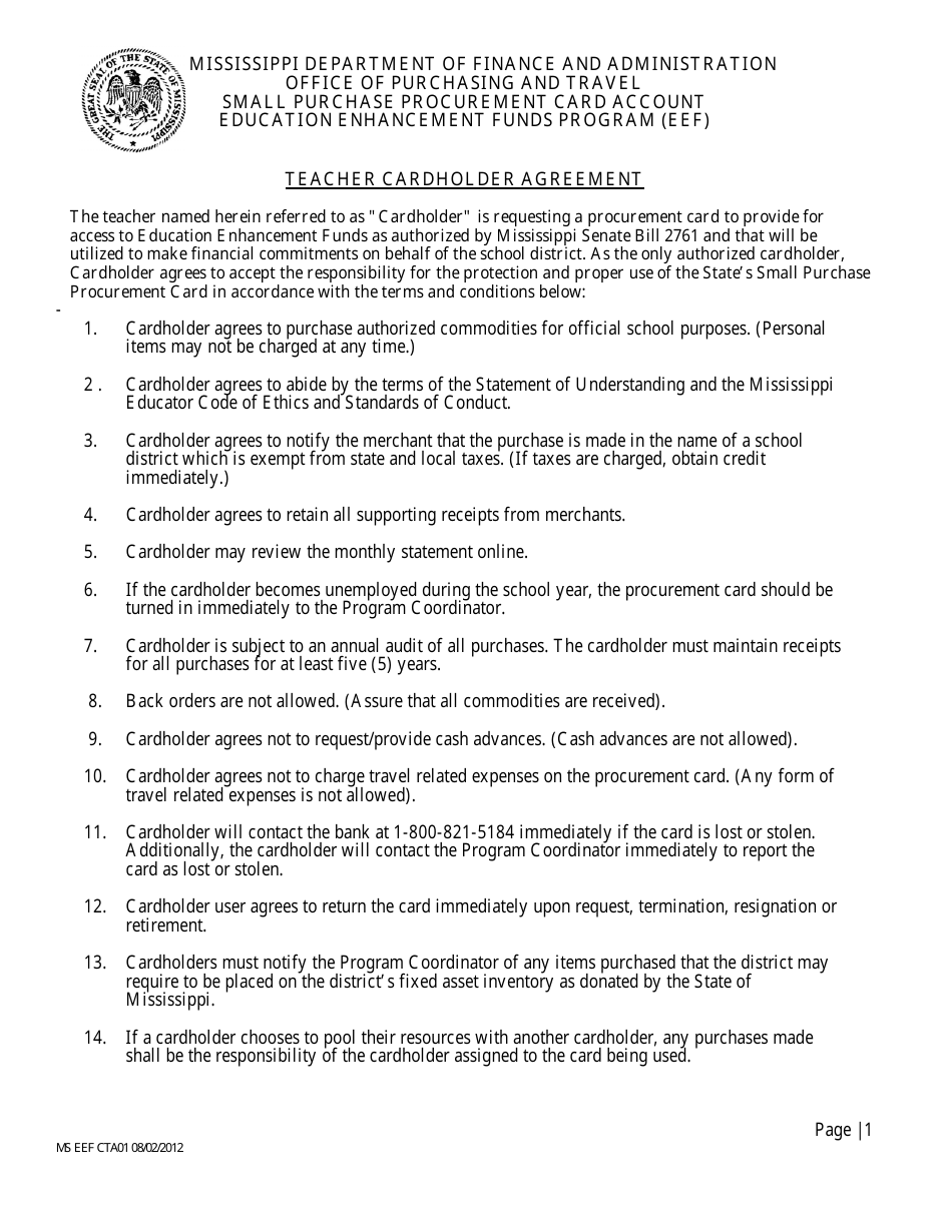 Form MS EEF CTA01 Teacher Cardholder Agreement - Mississippi, Page 1