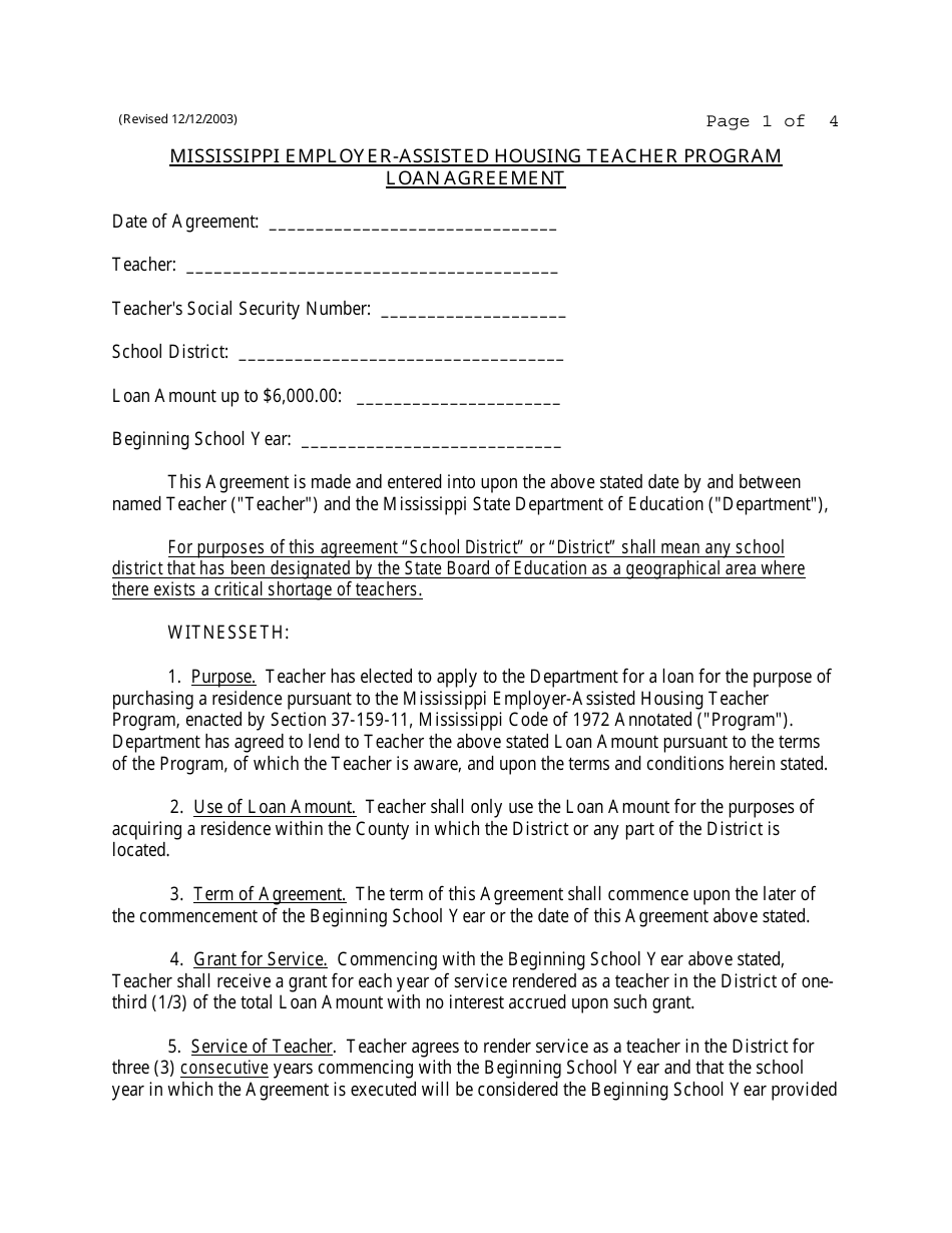Loan Agreement Form - Mississippi Employer-Assisted Housing Teacher Program - Mississippi, Page 1
