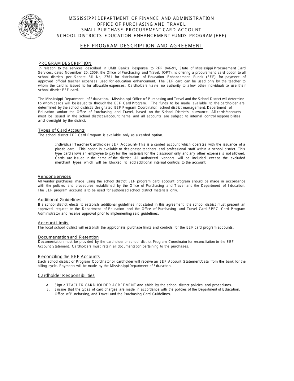 Coordinator Form - Eef Card Program - Mississippi, Page 1