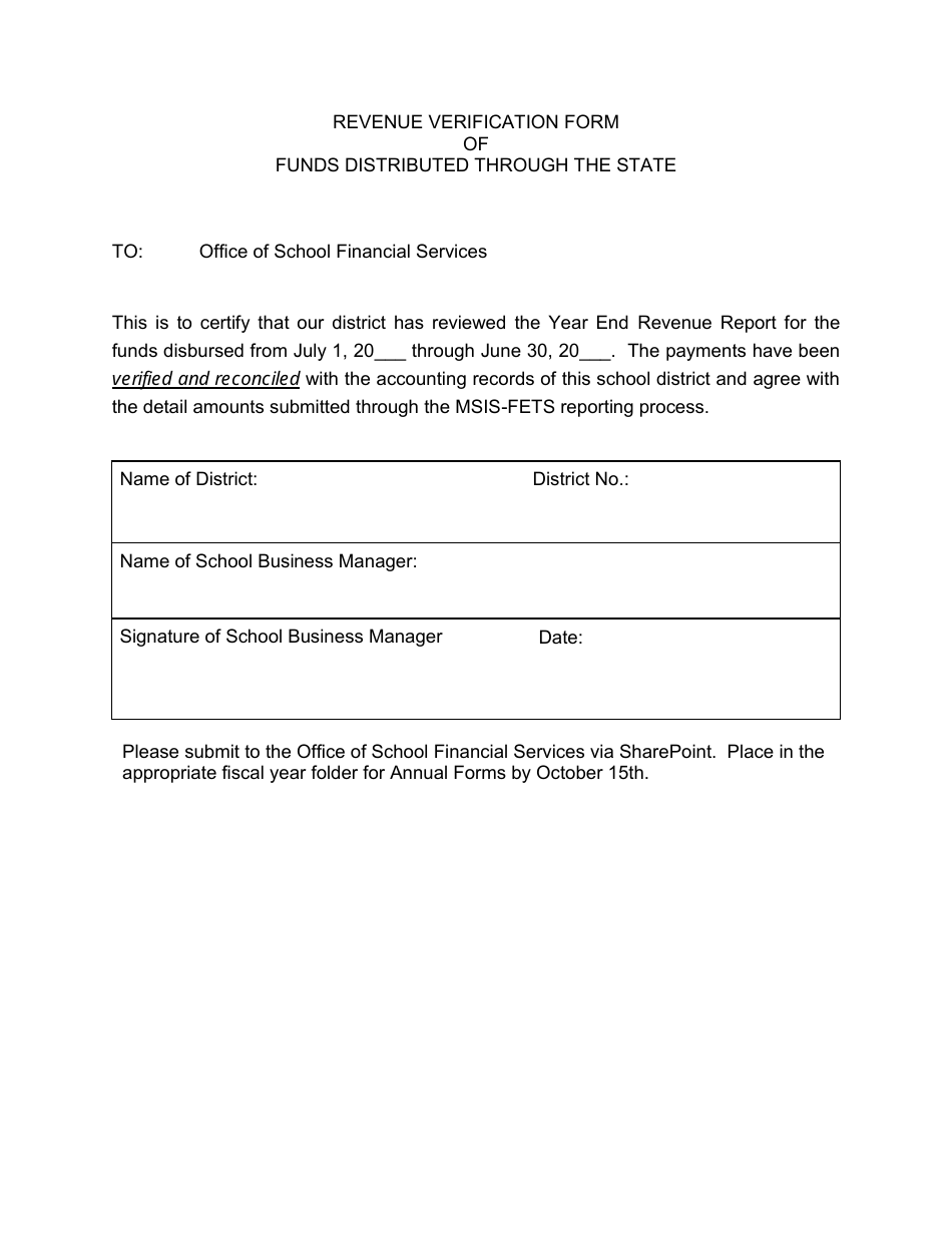 Revenue Verification Form of Funds Distributed Through the State - Mississippi, Page 1