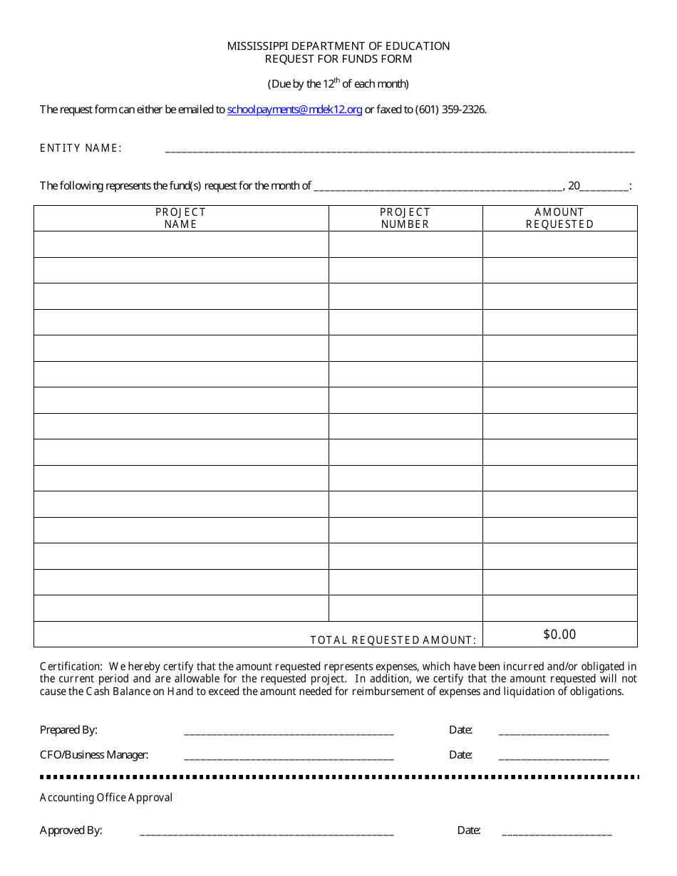 Request for Funds Form - Mississippi, Page 1