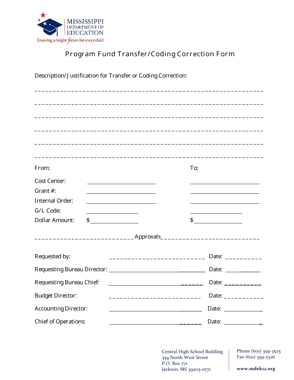Program Fund Transfer / Coding Correction Form - Mississippi, Page 1