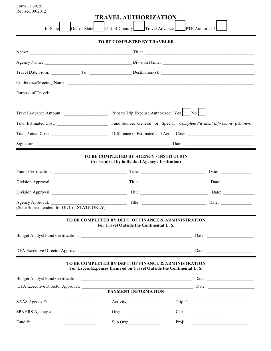 Form 13.20.20 Travel Authorization - Mississippi, Page 1