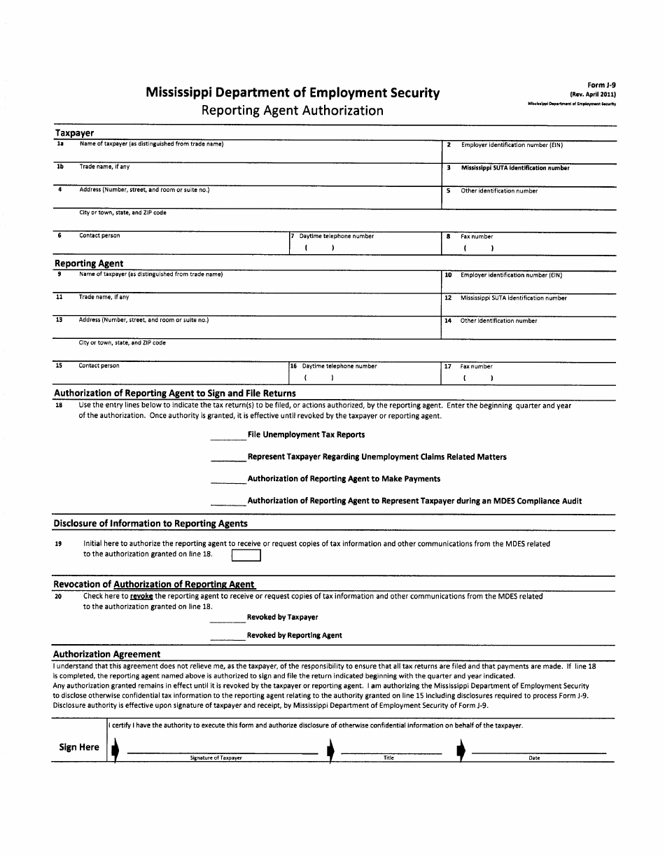 Form J-9 Reporting Agent Authorization - Mississippi, Page 1
