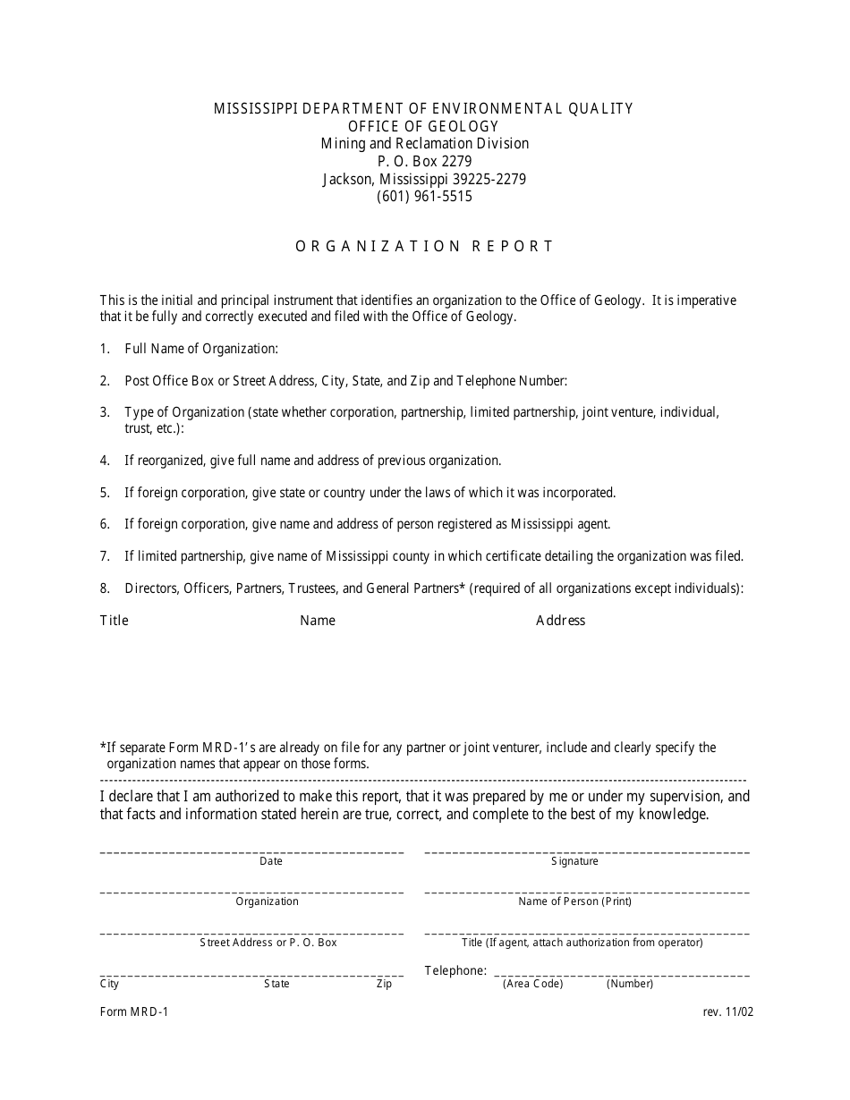Form MRD-1 Organization Report - Mississippi, Page 1
