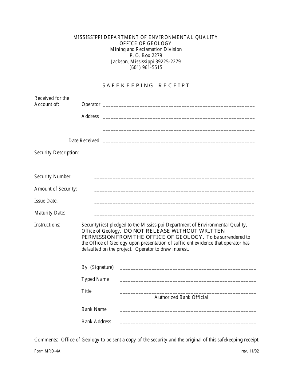 Form MRD-4A Safekeeping Receipt - Mississippi, Page 1