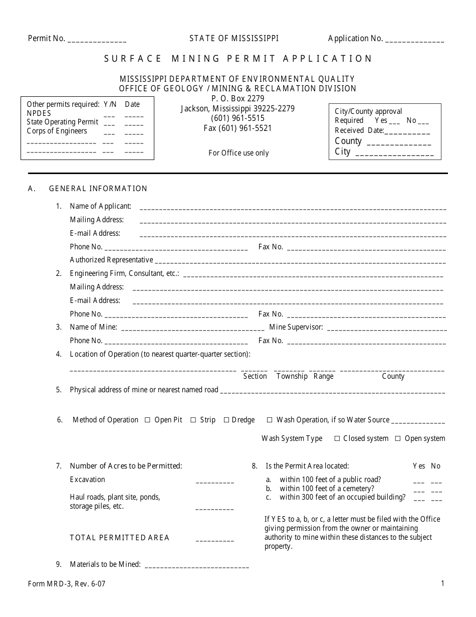Form MRD-3 Surface Mining Permit Application - Mississippi, Page 1