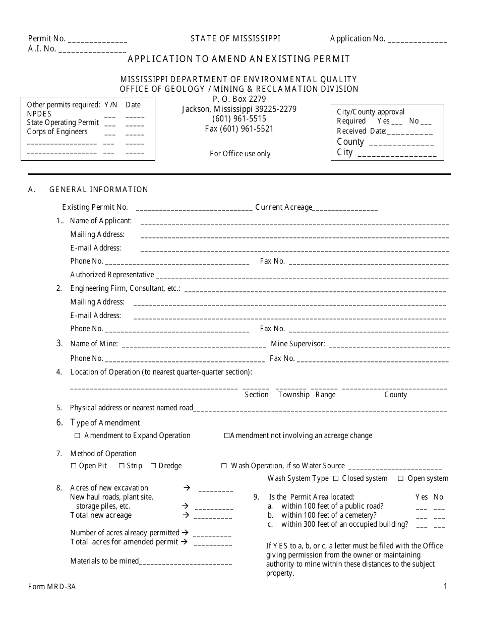 Form MRD-3A Application to Amend an Existing Permit - Mississippi, Page 1