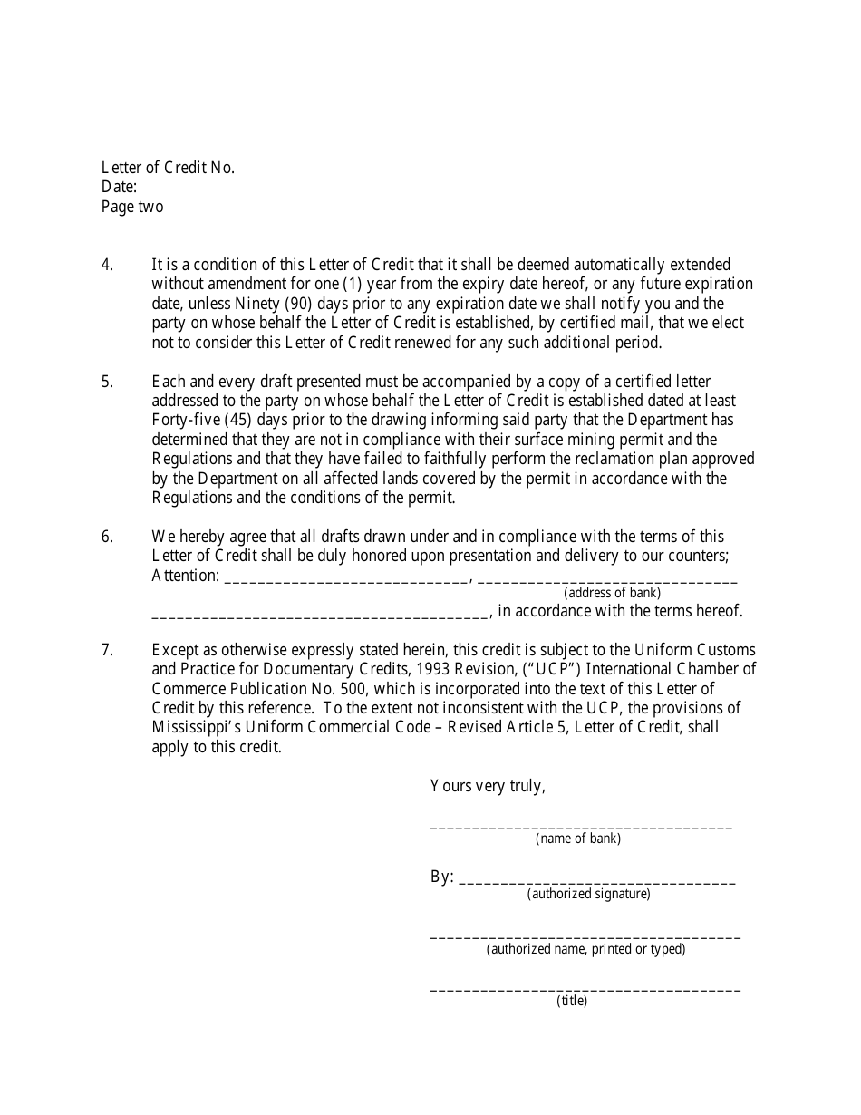 Mississippi Irrevocable Standby Letter of Credit - Fill Out, Sign ...