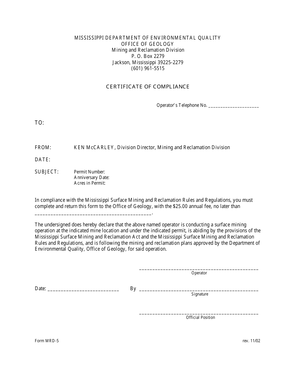 Form MRD-5 Certificate of Compliance - Mississippi, Page 1