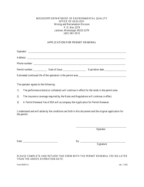 Form MRD-6 Application for Permit Renewal - Mississippi