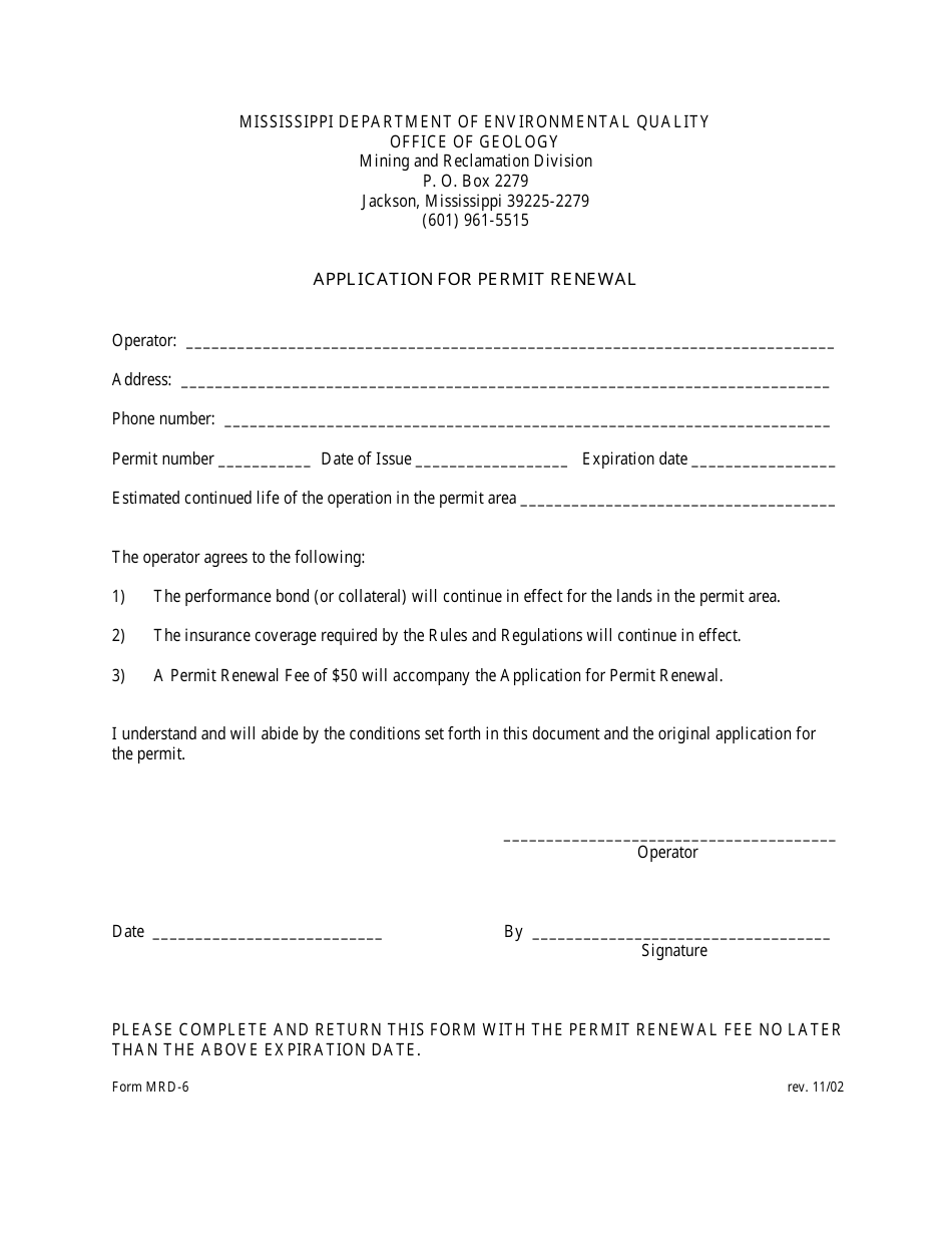 Form MRD-6 Application for Permit Renewal - Mississippi, Page 1