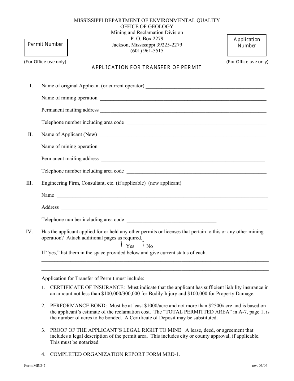Form MRD-7 Application for Transfer of Permit - Mississippi, Page 1