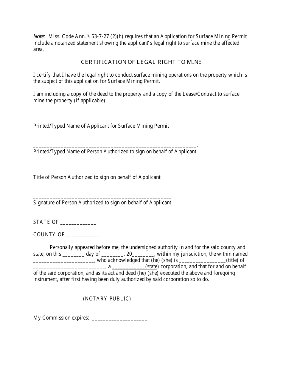 Certification of Legal Right to Mine - Mississippi, Page 1