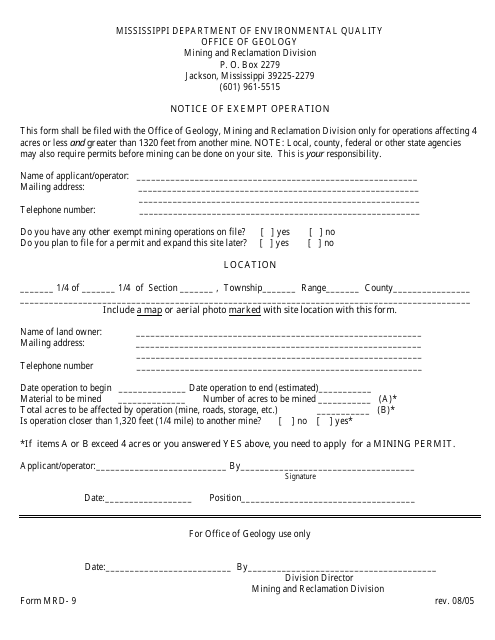 Form MRD-9 Notice of Exempt Operation - Mississippi