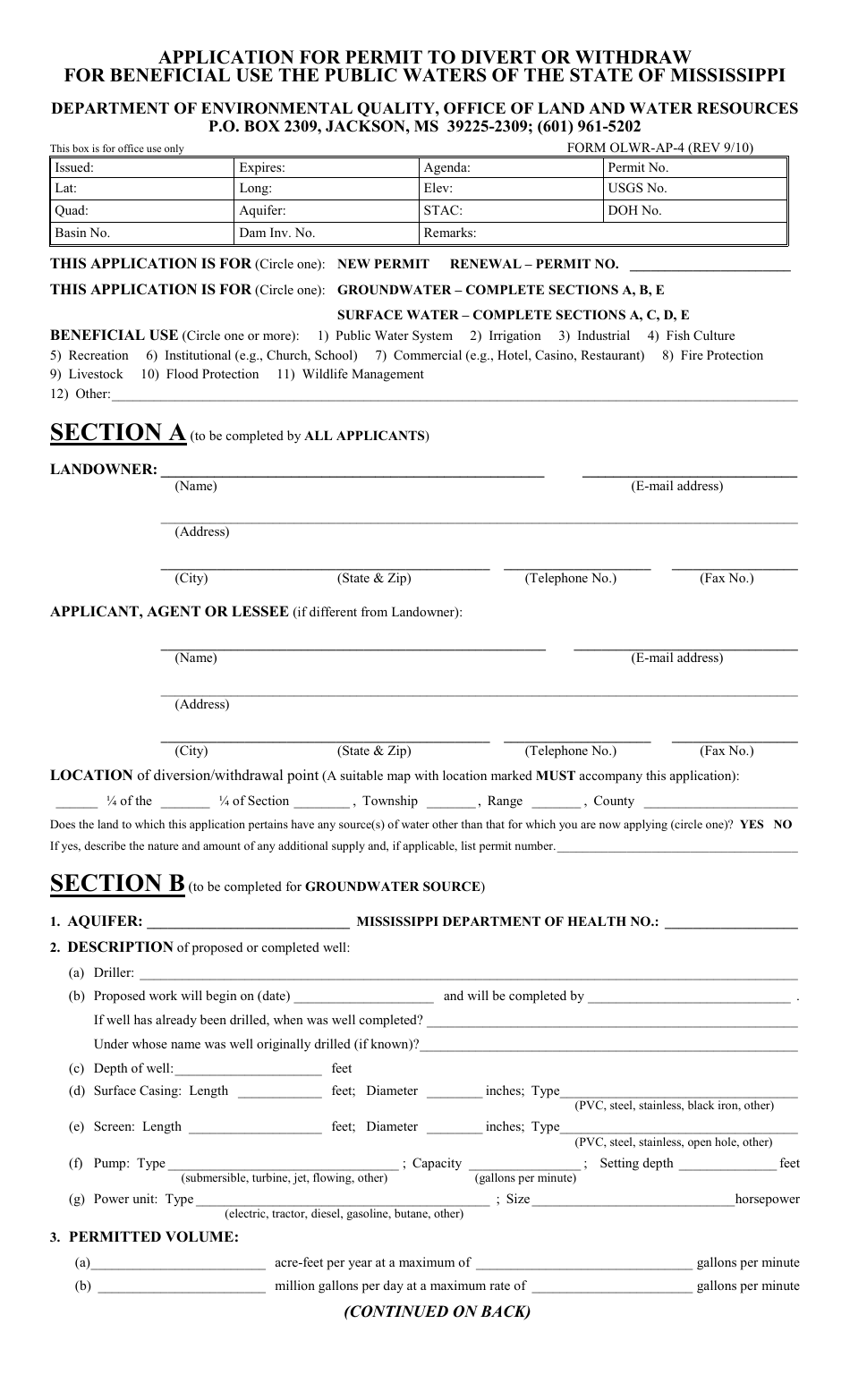 Form OLWR-AP-4 Application for Permit to Divert or Withdraw for Beneficial Use the Public Waters of the State of Mississippi - Mississippi, Page 1