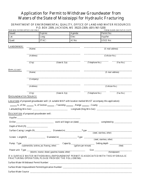 Form OLWR-GW-FAP-01 Application for Permit to Withdraw Groundwater From Waters of the State of Mississippi for Hydraulic Fracturing - Mississippi