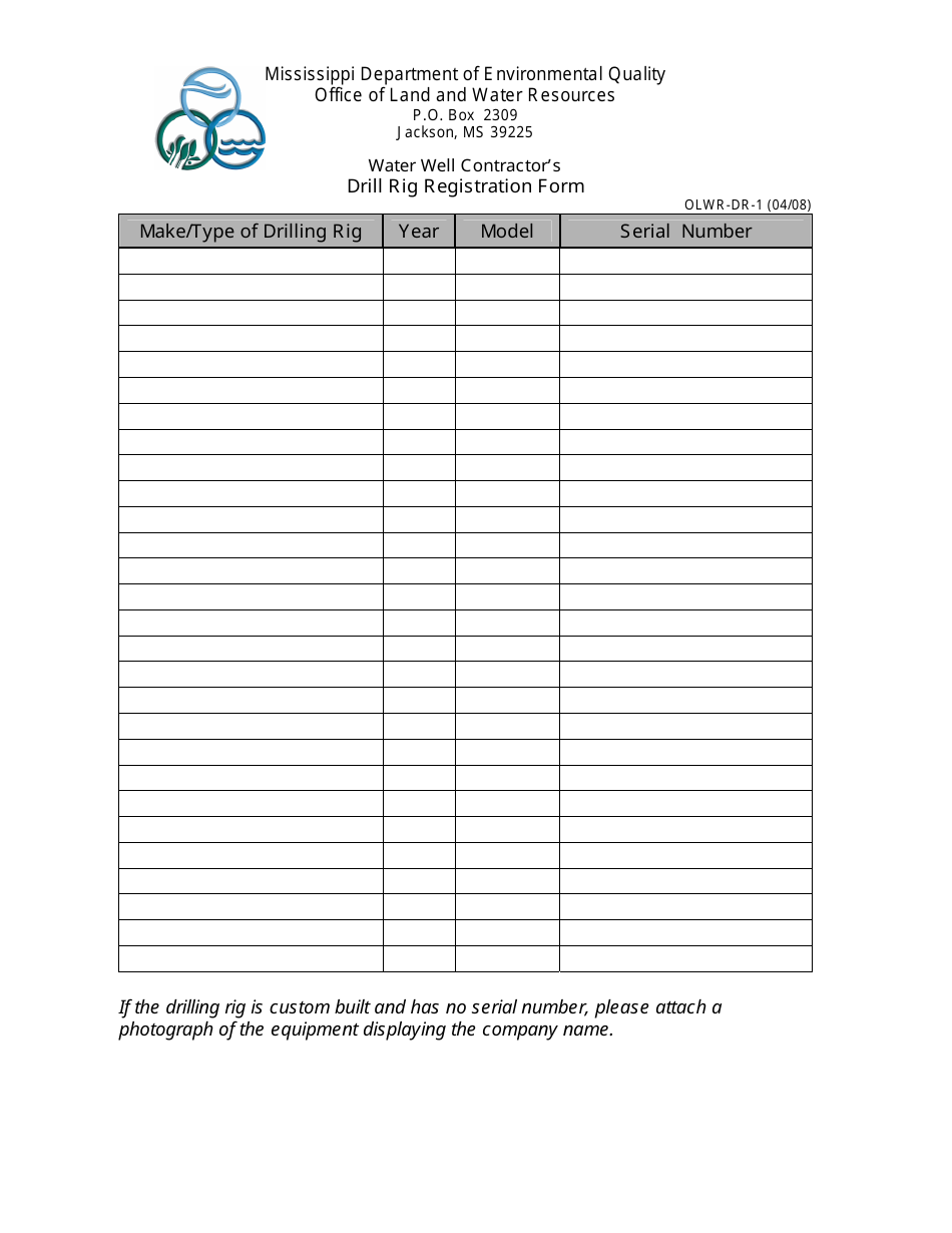 Form OLWR-DR-1 Water Well Contractor's Drill Rig Registration Form - Mississippi, Page 1