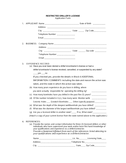 Restricted Driller's License Application Form - Mississippi