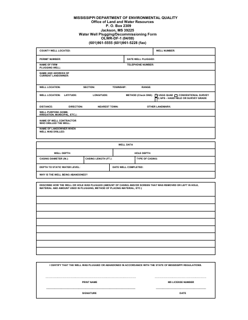 Form OLWR-DF-1 Water Well Plugging/Decommissioning Form - Mississippi