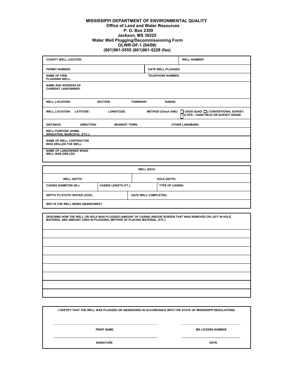 Form OLWR-DF-1 Download Fillable PDF or Fill Online Water Well Plugging ...