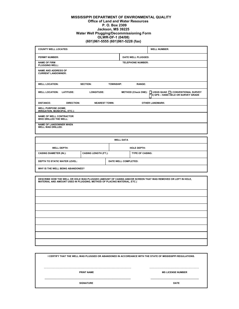 Form OLWR-DF-1 Water Well Plugging / Decommissioning Form - Mississippi, Page 1