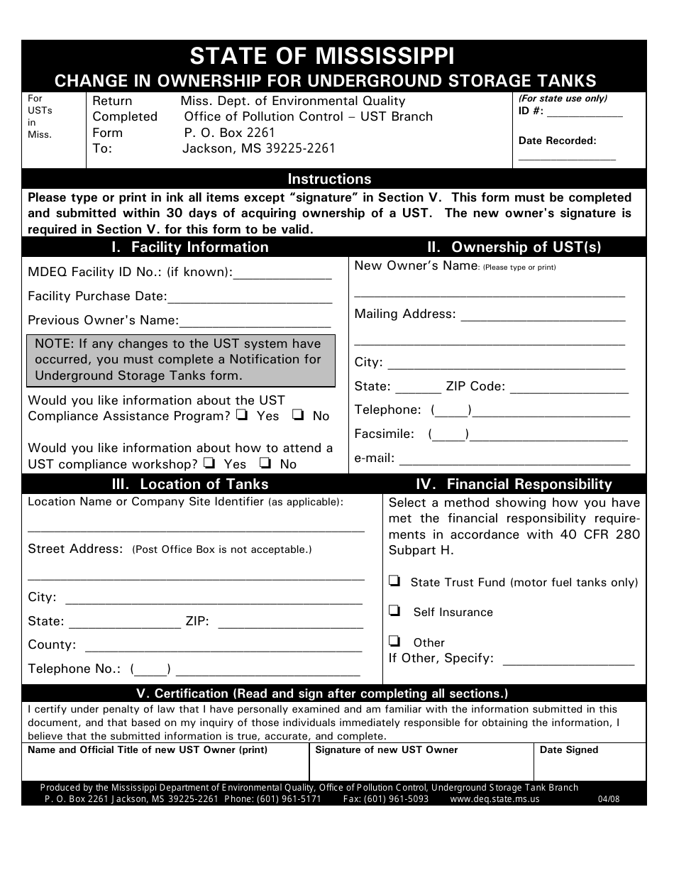 Mississippi Change in Ownership for Underground Storage Tanks Fill