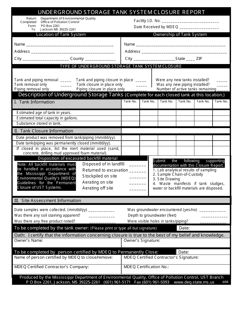 Mississippi Underground Storage Tank System Closure Report Form Fill
