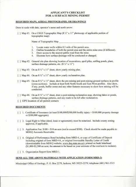 Applicant's Checklist for a Surface Mining Permit - Mississippi
