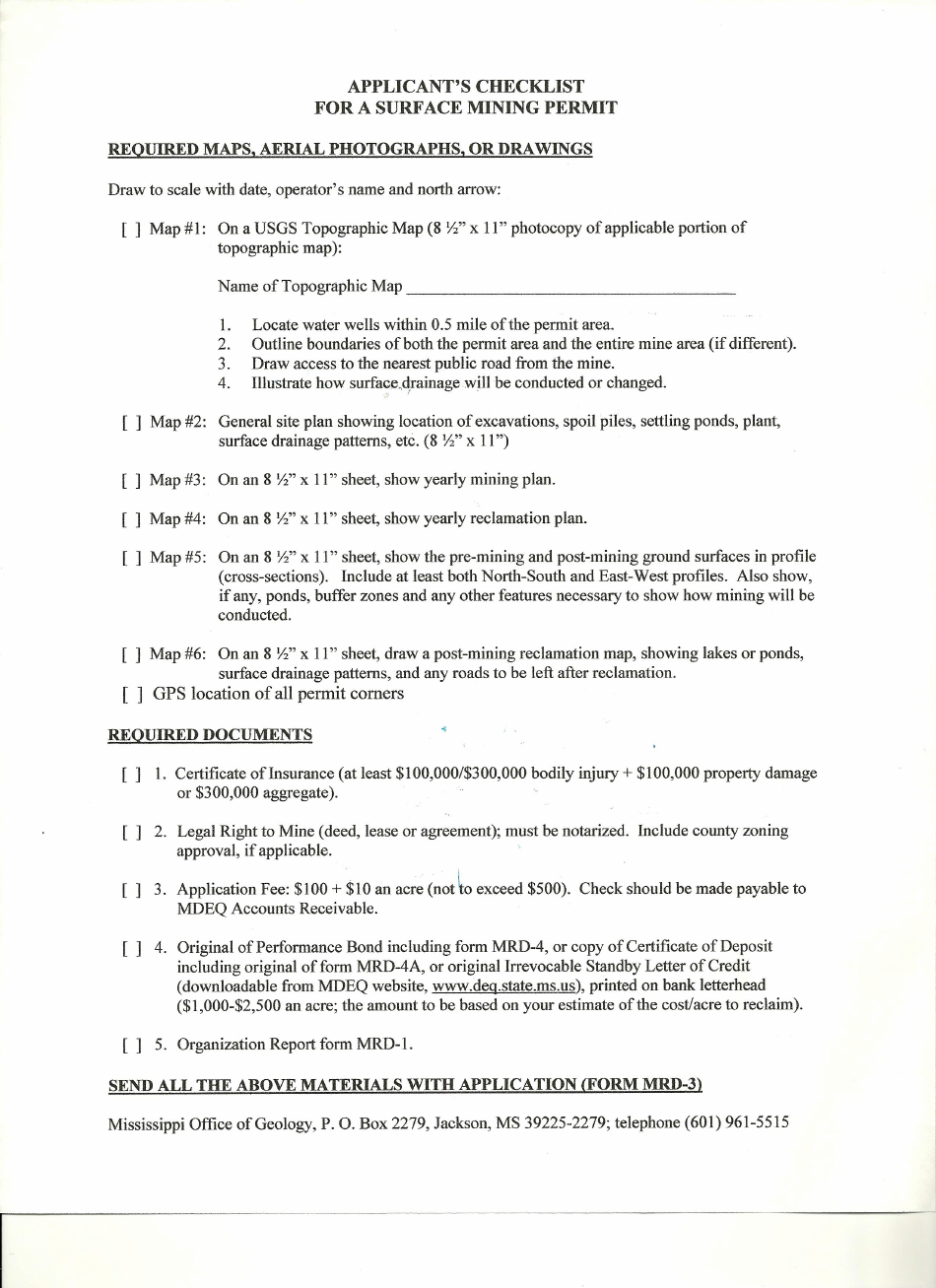 Applicants Checklist for a Surface Mining Permit - Mississippi, Page 1