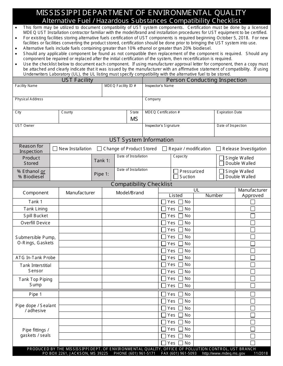 Alternative Fuel / Hazardous Substances Compatibility Checklist Form - Mississippi, Page 1
