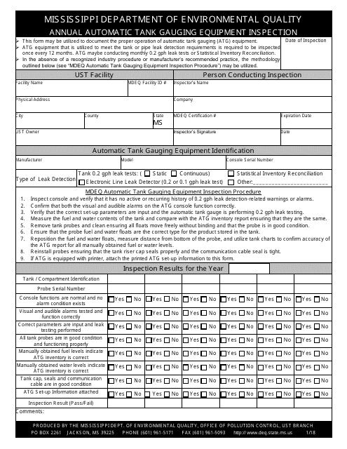 "Annual Automatic Tank Gauging Equipment Inspection Form" - Mississippi Download Pdf
