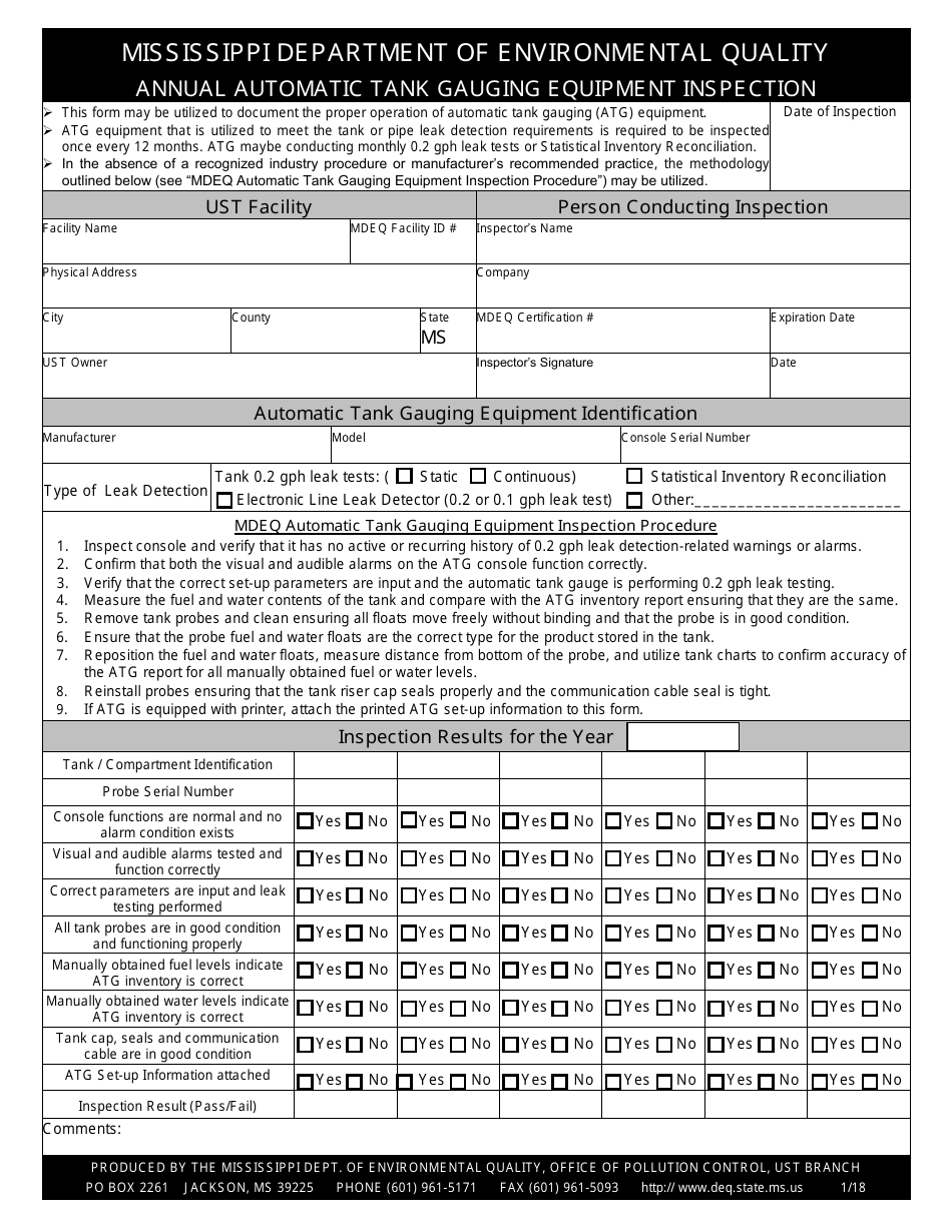 Annual Automatic Tank Gauging Equipment Inspection Form - Mississippi, Page 1