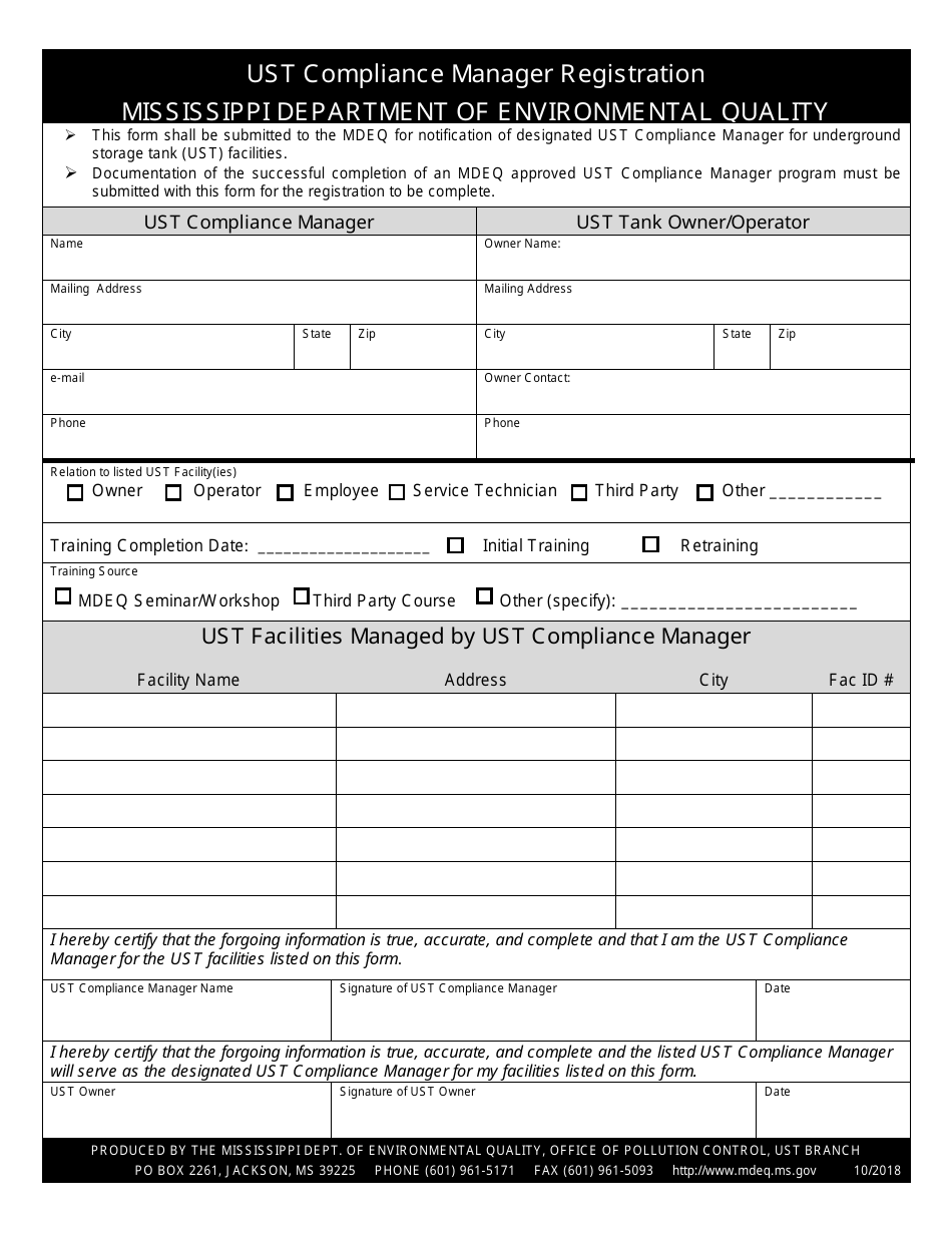 Ust Compliance Manager Registration Form - Mississippi, Page 1