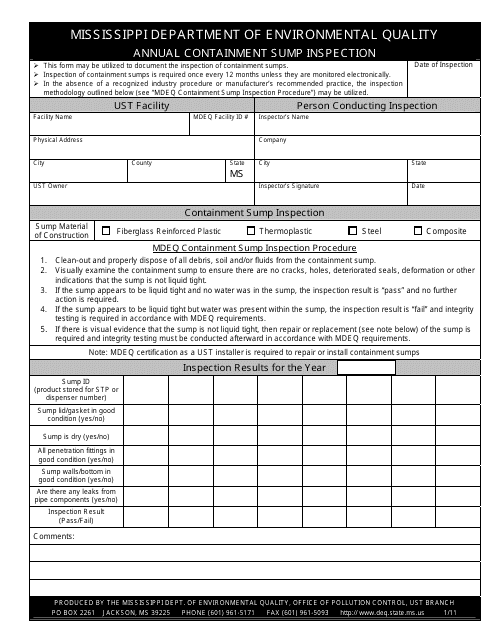 Annual Containment Sump Inspection Form - Mississippi Download Pdf