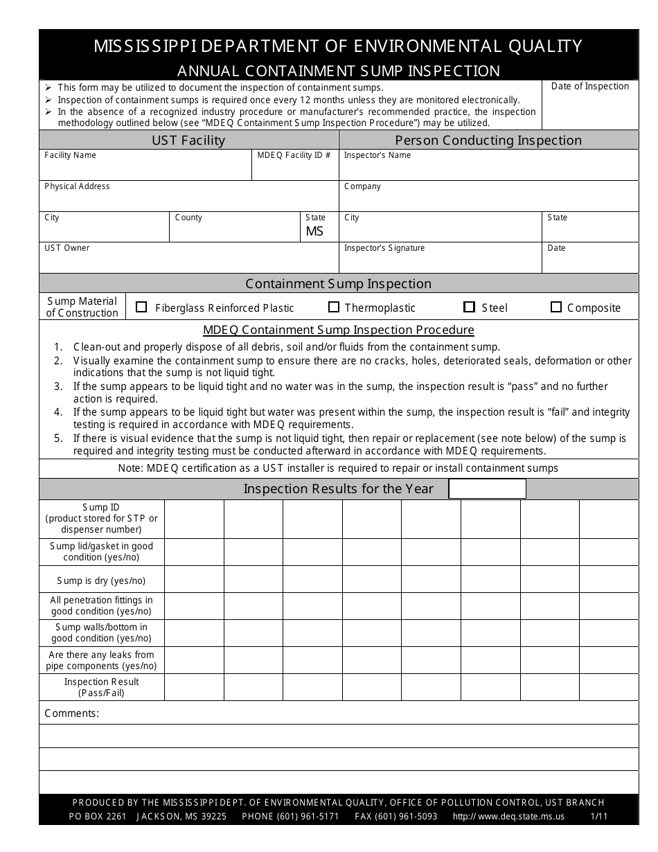Annual Containment Sump Inspection Form - Mississippi, Page 1