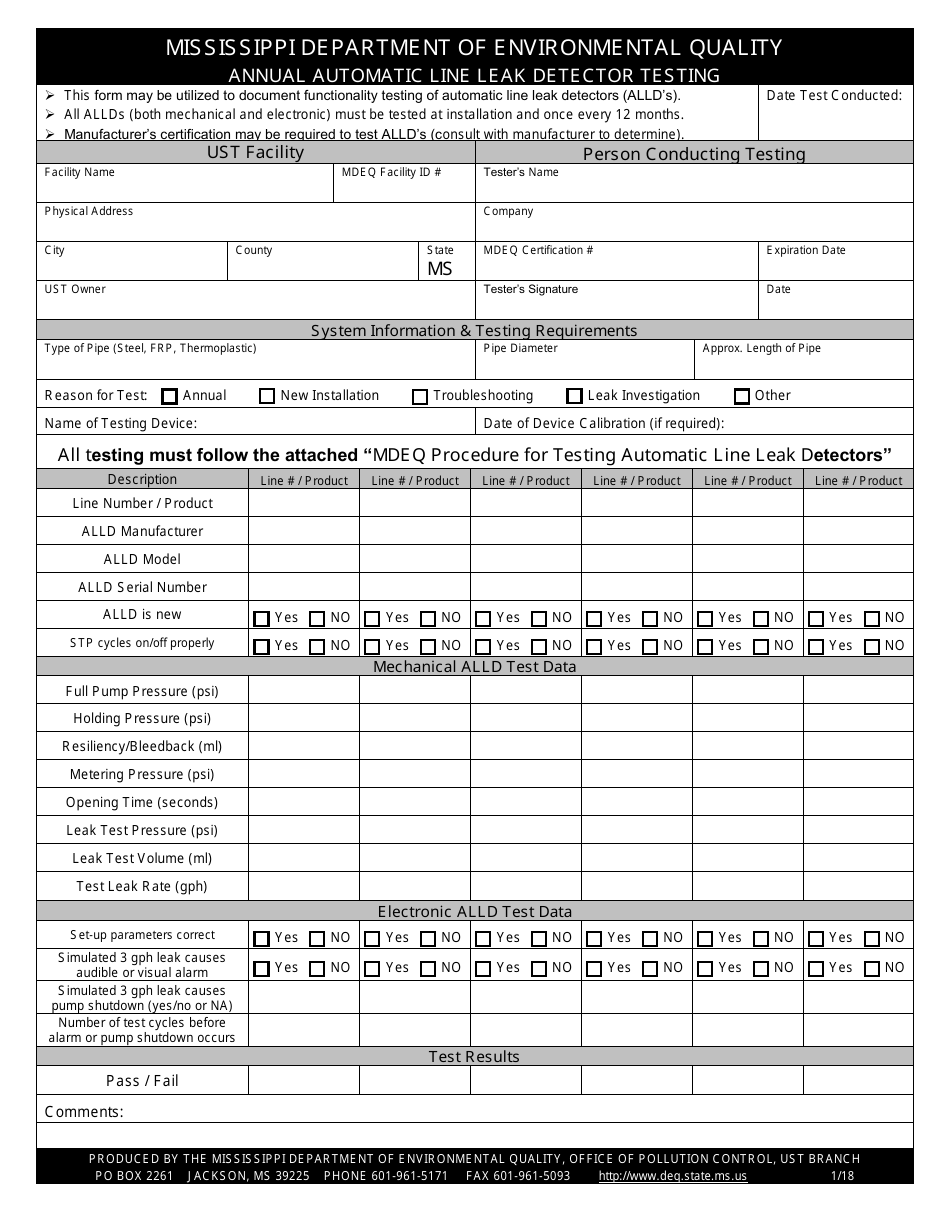 Annual Automatic Line Leak Detector Testing Form - Mississippi, Page 1