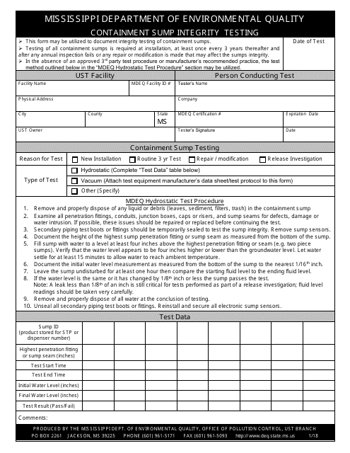 Containment Sump Integrity Testing Form - Mississippi Download Pdf