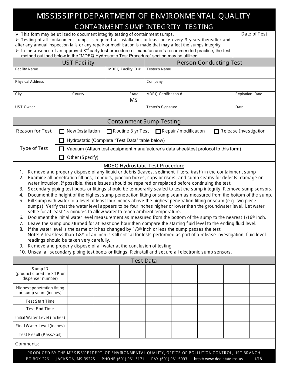 Containment Sump Integrity Testing Form - Mississippi, Page 1