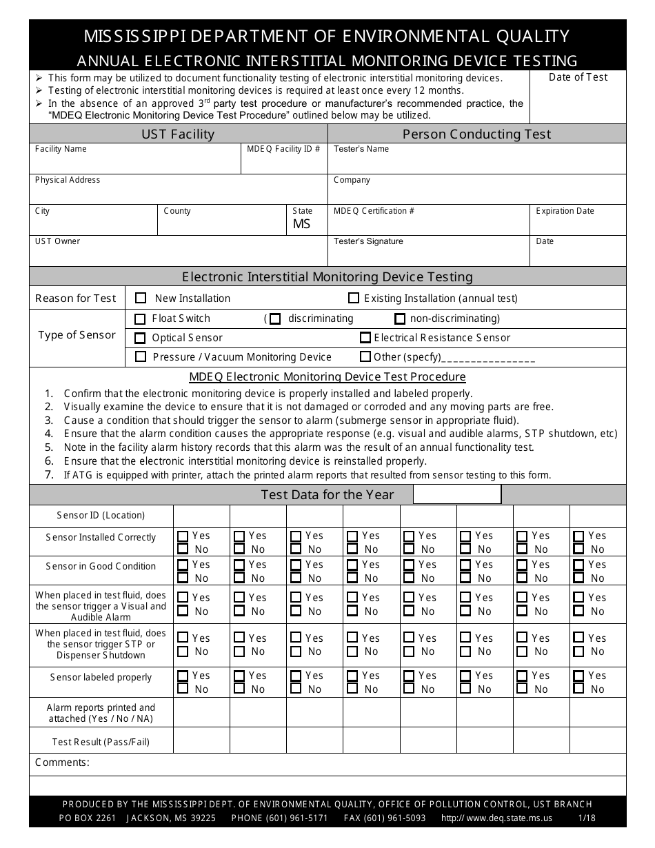 Annual Electronic Interstitial Monitoring Device Testing Form - Mississippi, Page 1