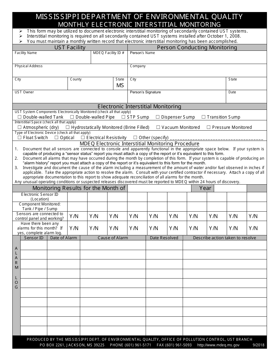 Monthly Electronic Interstitial Monitoring Form - Mississippi, Page 1