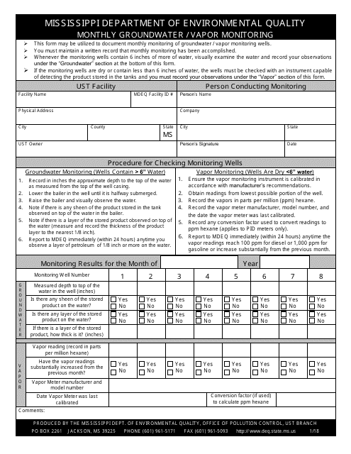 Monthly Groundwater / Vapor Monitoring Form - Mississippi Download Pdf