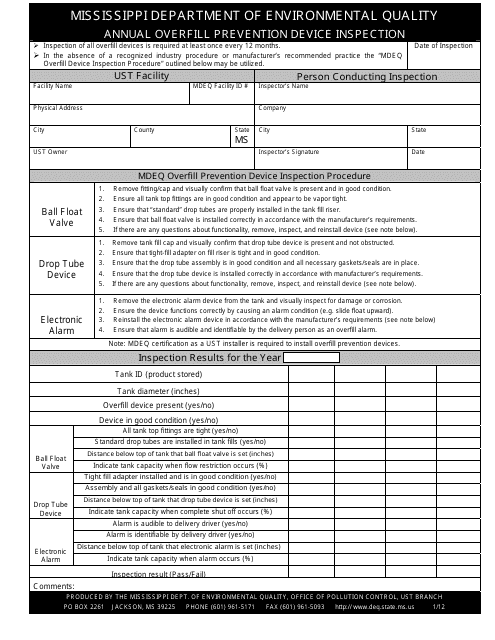 Annual Overfill Prevention Device Inspection Form - Mississippi Download Pdf